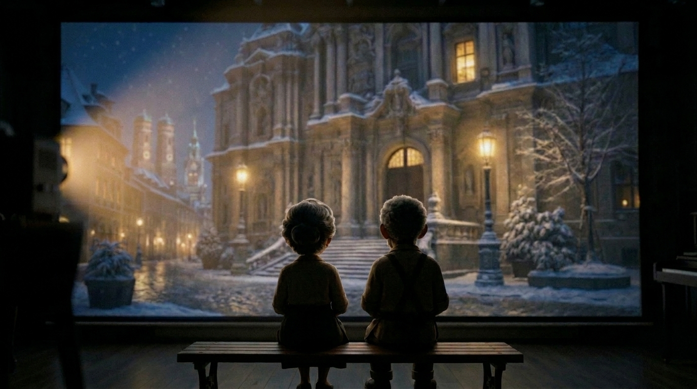 Amos and Greta sitting on the bench in the watching room, facing the cinema screen showing snowy Munich.