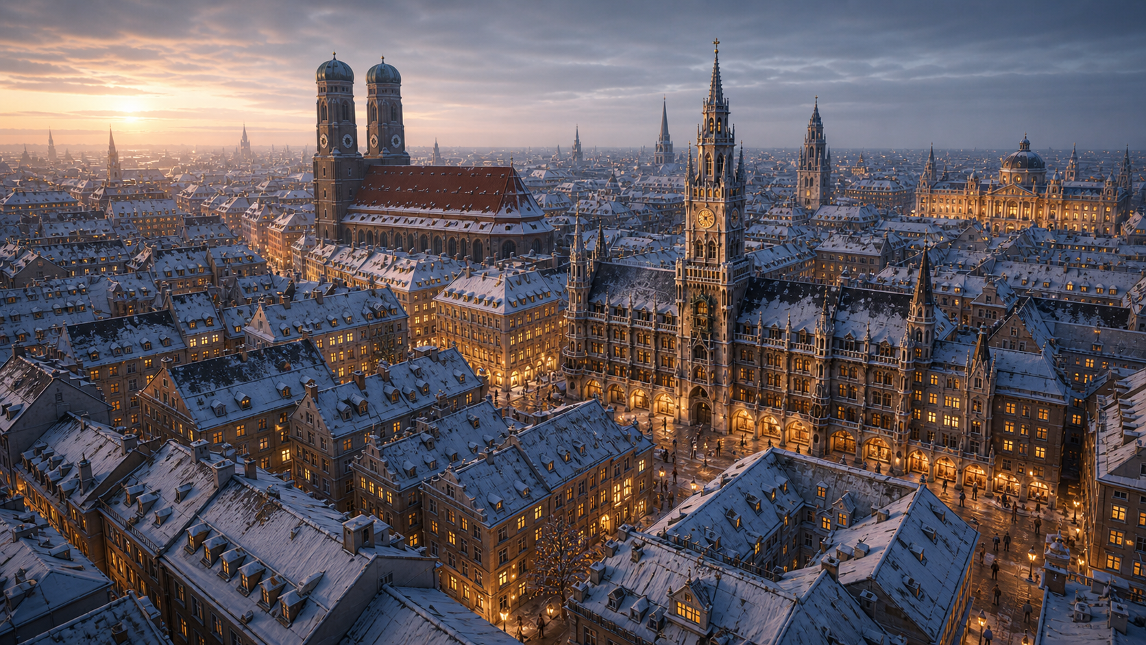 Munich, opening aerial — snow on the rooftops